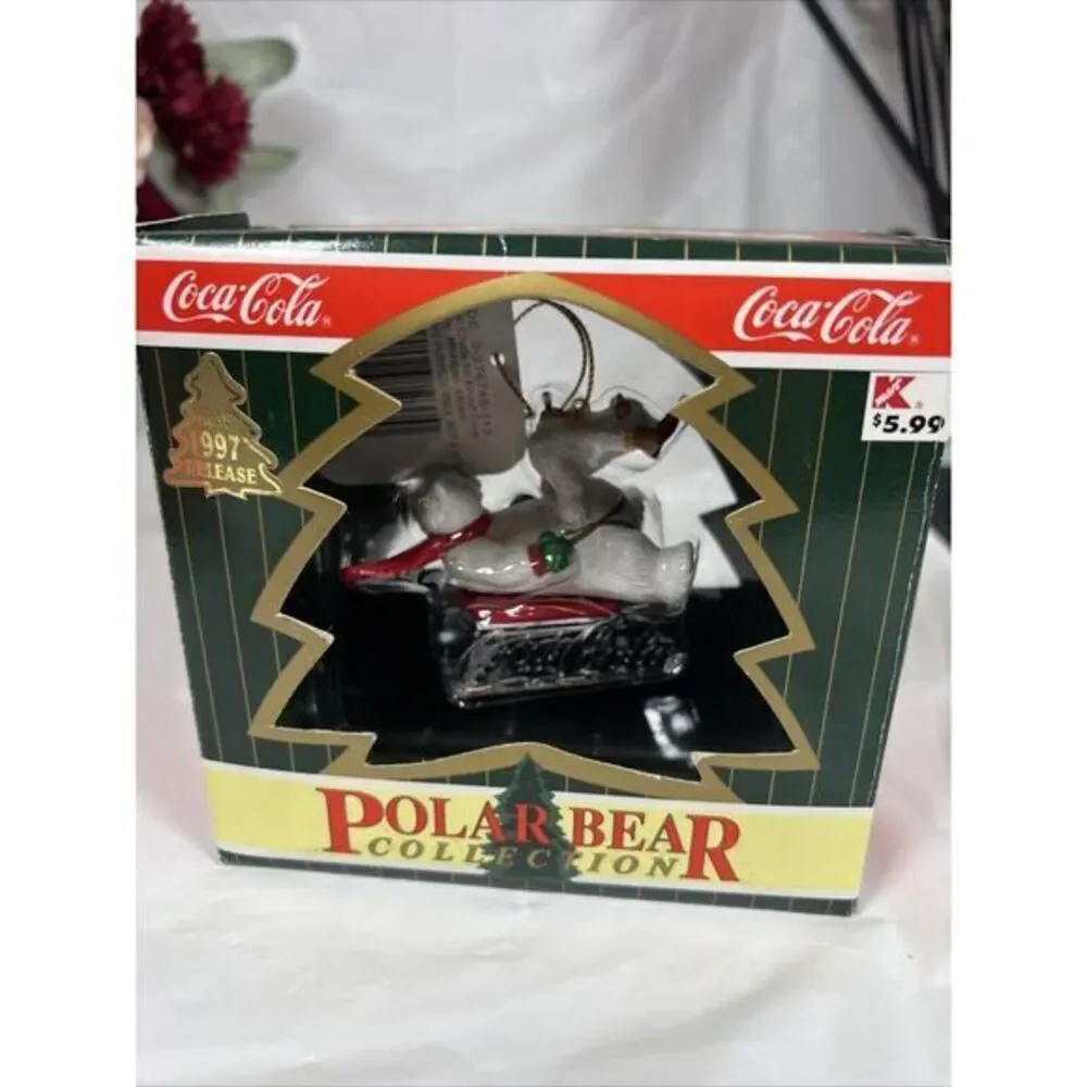 1997 Coca-Cola Polar Bear Collection‎ Coke 2 Bears Sled Christmas Ornament VTG